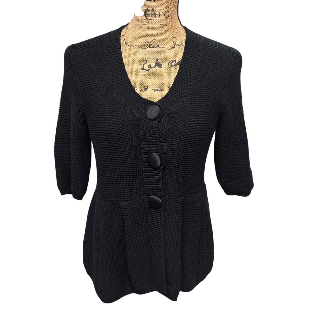 Banana Republic Cardigan Peplum Pleated Knit V-Neck Black Short Sleeve Women's S